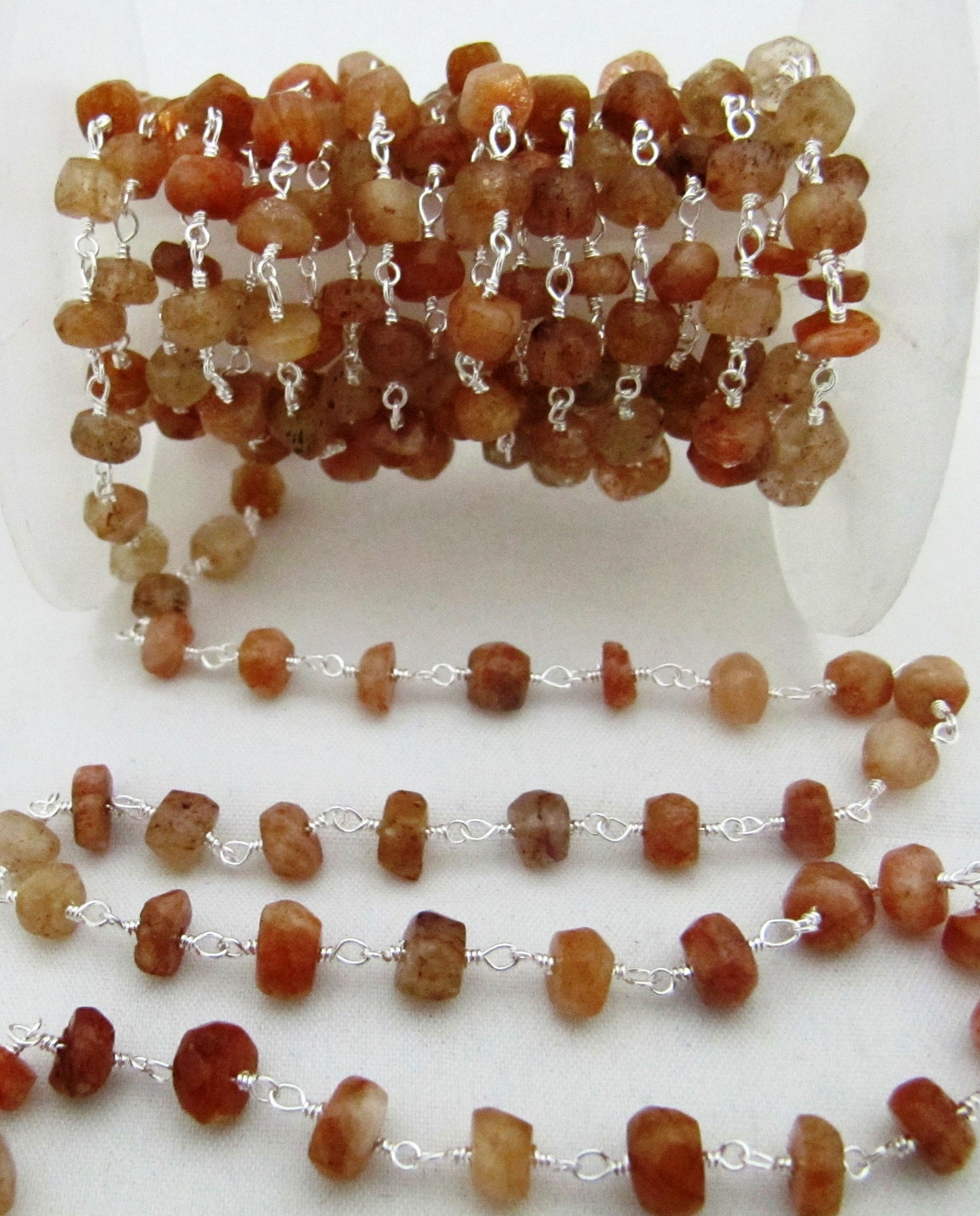 Natural Sunstone Rondelle 5-6mm Faceted wire wrapped Beaded Rosary Chain Jewelry Making Gemstone Chain Wholesale Prices PER Foot