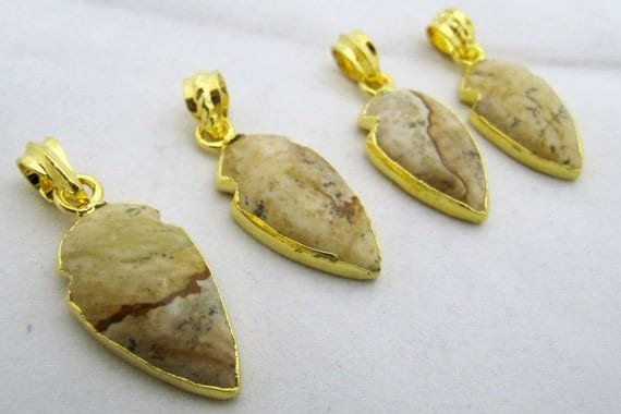 Beautiful Picture Jasper Charm arrow head- 24 Kt Gold Electroplated Edge Arrowhead Pendant-Gemstone Connectors 30 to 40mm per piece