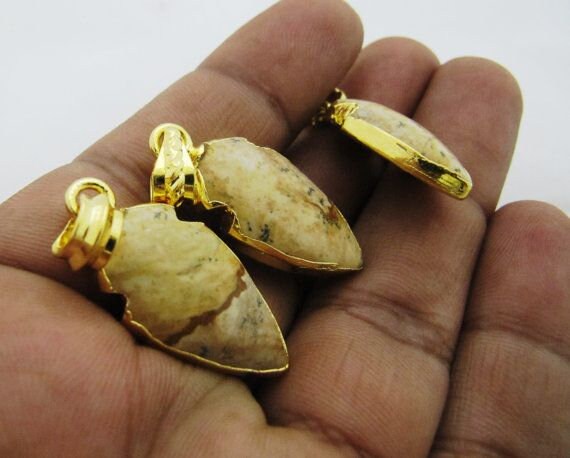 Beautiful Picture Jasper Charm arrow head- 24 Kt Gold Electroplated Edge Arrowhead Pendant-Gemstone Connectors 30 to 40mm per piece