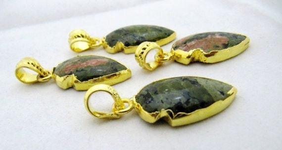 Beautiful Unakite Arrowhead Charm- 24 Kt Gold Electroplated Edge Arrowhead Pendant-Gemstone Connectors 30 to 40mm sold per piece