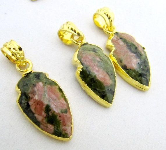Beautiful Unakite Arrowhead Charm- 24 Kt Gold Electroplated Edge Arrowhead Pendant-Gemstone Connectors 30 to 40mm sold per piece