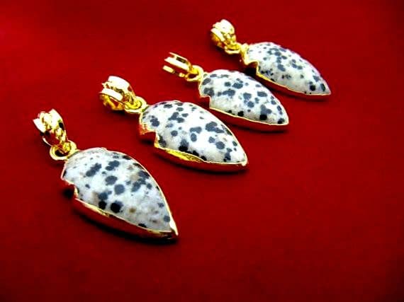 Natural Dalmatian Gemstone Charm arrow head- 24 Kt Gold Electroplated Edge Arrowhead Pendant-Gemstone Connectors 30 to 40mm sold per piece