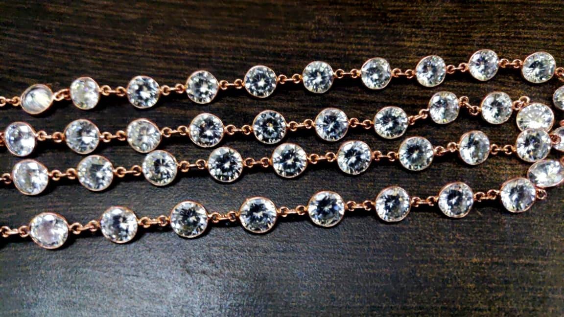 AAA Cubic Zirconia Briolette Round Coin Shape 8mm Bezel Handmade Tiff Connector Chain Sold Per foot CZ Chains top Quality