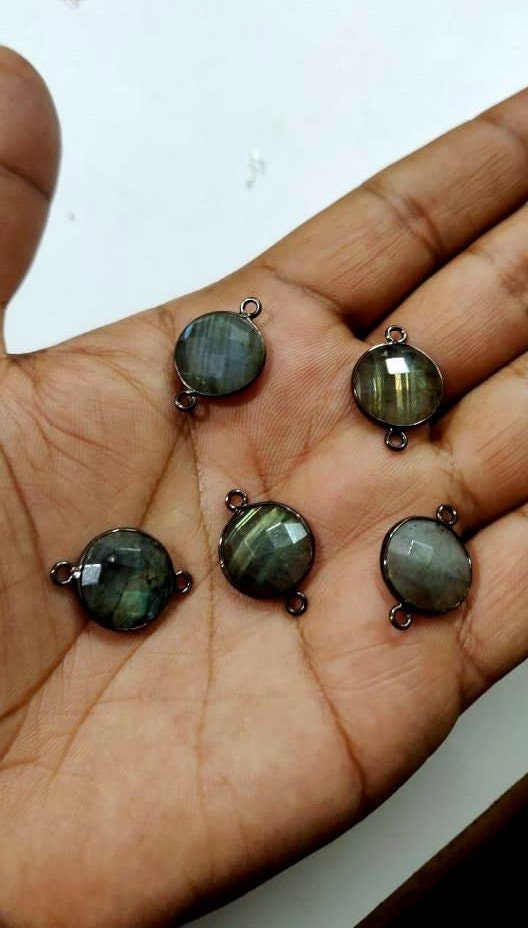 2 Pcs Set Natural Labradorite Round Coin Shape 19mm Briolette Connectors Gray Stone Double Loop Bezel Jewelry Making Bezel Connectors