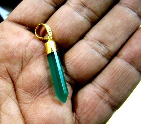 Natural Green Onyx Gemstones Pointed Pencils with 24 Kt Gold Electroplated Cap and designer Gold Plated Bail Pencil Shape Charms per piece