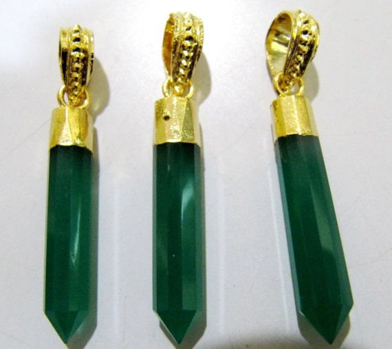 Natural Green Onyx Gemstones Pointed Pencils with 24 Kt Gold Electroplated Cap and designer Gold Plated Bail Pencil Shape Charms per piece