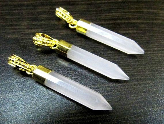 Natural Rose Quartz Pencil Shape Pointed Charms, 30To40mm Gold Electroplated Pendant, Faceted Fancy shape charm with Designer Loop per piece