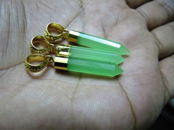 Green Chalcedony Pencil Shape Pointed Charms, 30 To 40mm Gold Electroplated Pendant, Faceted Fancy shape charm with Designer Loop per piece