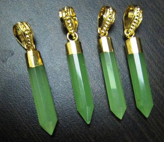 Green Chalcedony Pencil Shape Pointed Charms, 30 To 40mm Gold Electroplated Pendant, Faceted Fancy shape charm with Designer Loop per piece