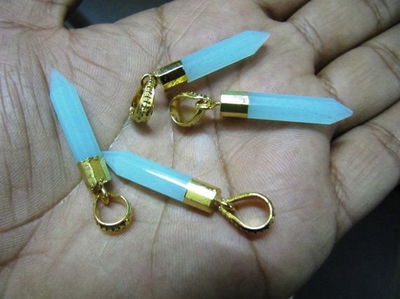 Aqua Chalcedony Pencil Shape Pointed Charms, 30 to 40mm Gold Electroplated Pendant, Faceted Fancy shape charm with Designer Loop per piece