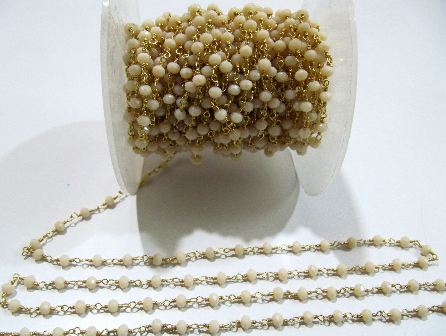 3 Feet- Pink Chalcedony Hydro Quartz Rosary Chain Rondelle Faceted 3-4mm Crystal beaded Wire Wrapped chain sold in Wholesale prices