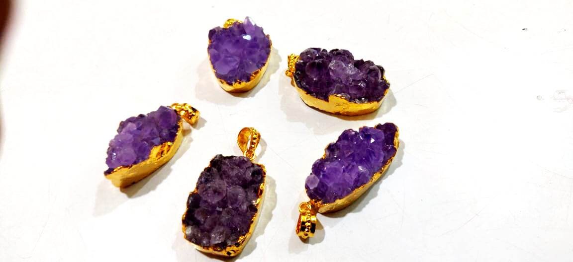 Natural Amethyst Raw Druzy Pendant , 24 Kt Gold Electroplated FreeForm Shape Druzy Size 30to40mm Pendant , Unique And Rare Gemstone Jewelry