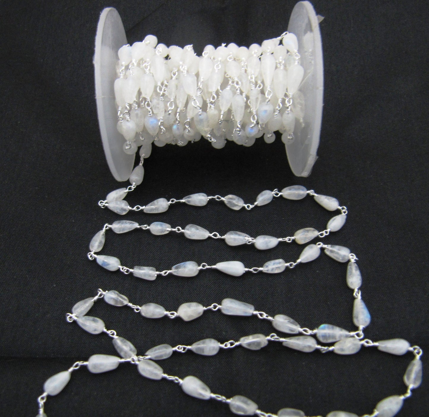 3- Feet Natural White Rainbow Moonstone Plain Smooth Drop Shape Beaded Rosary Chain Gold/Silver/Black/Rose Gold Plated Wholesale Price chain