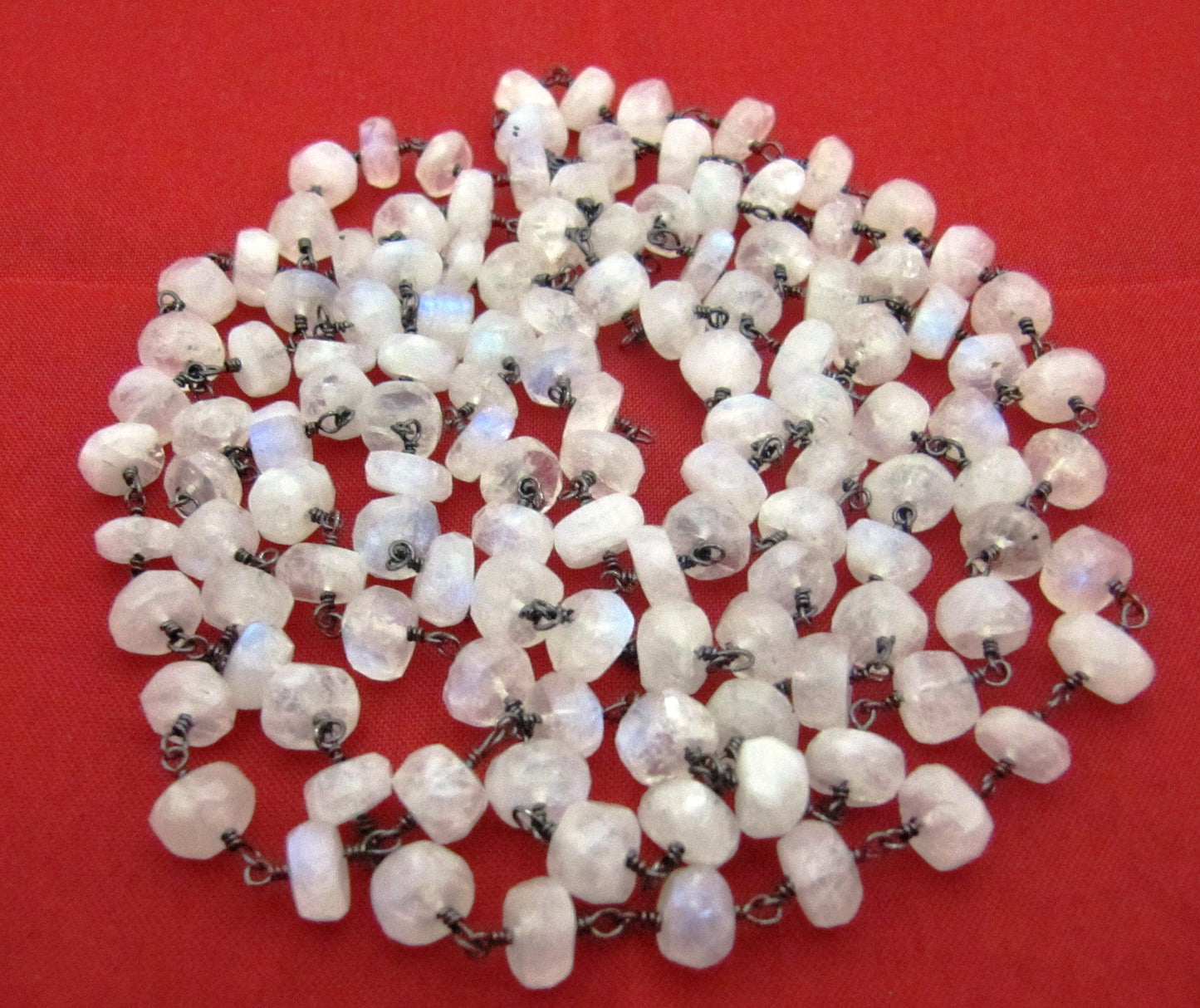 Natural White Rainbow Moonstone Rondelle Faceted Beaded Rosary Handmade Chain Sold Per foot