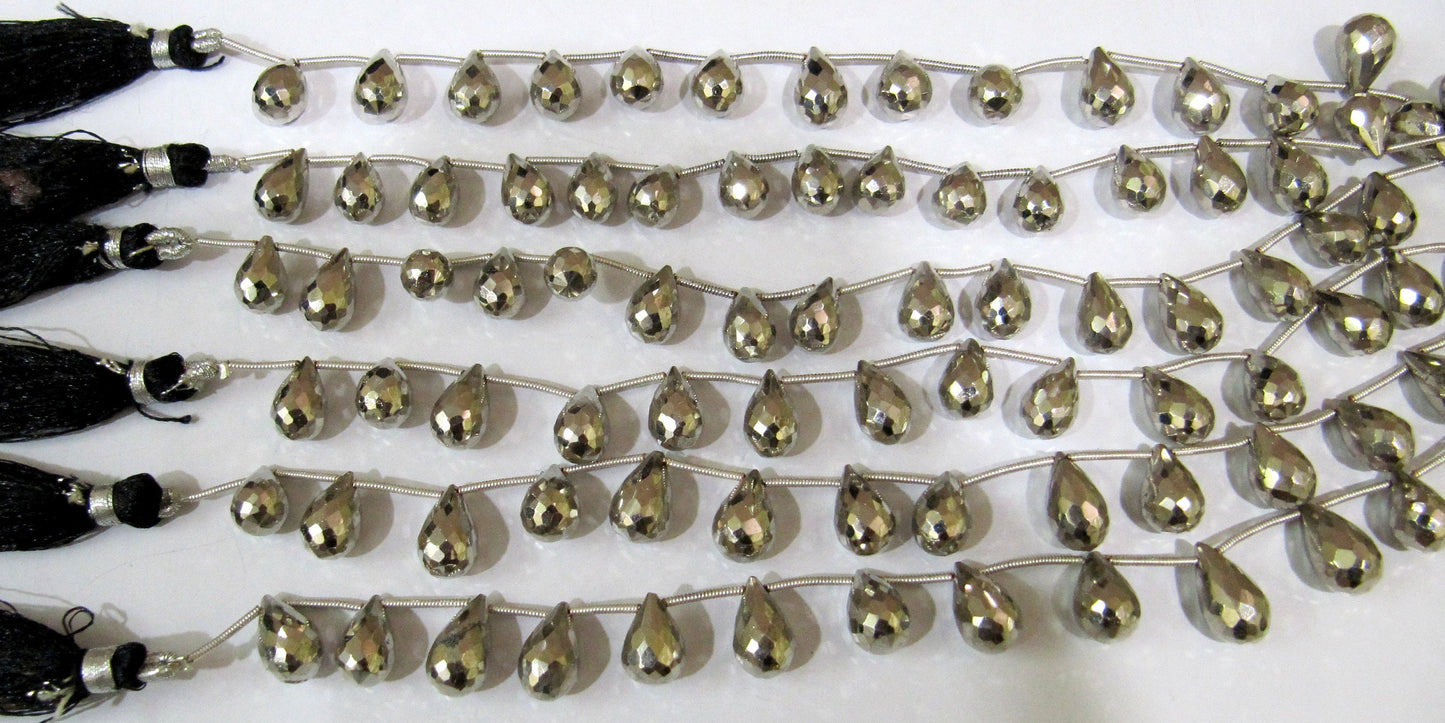 Natural Silver Coated Pyrite Drop Shape Briolette Beads 8x12mm to 8x14mm Top Quality Gemstone Beads Strand 8 inch Long Jewelry beads
