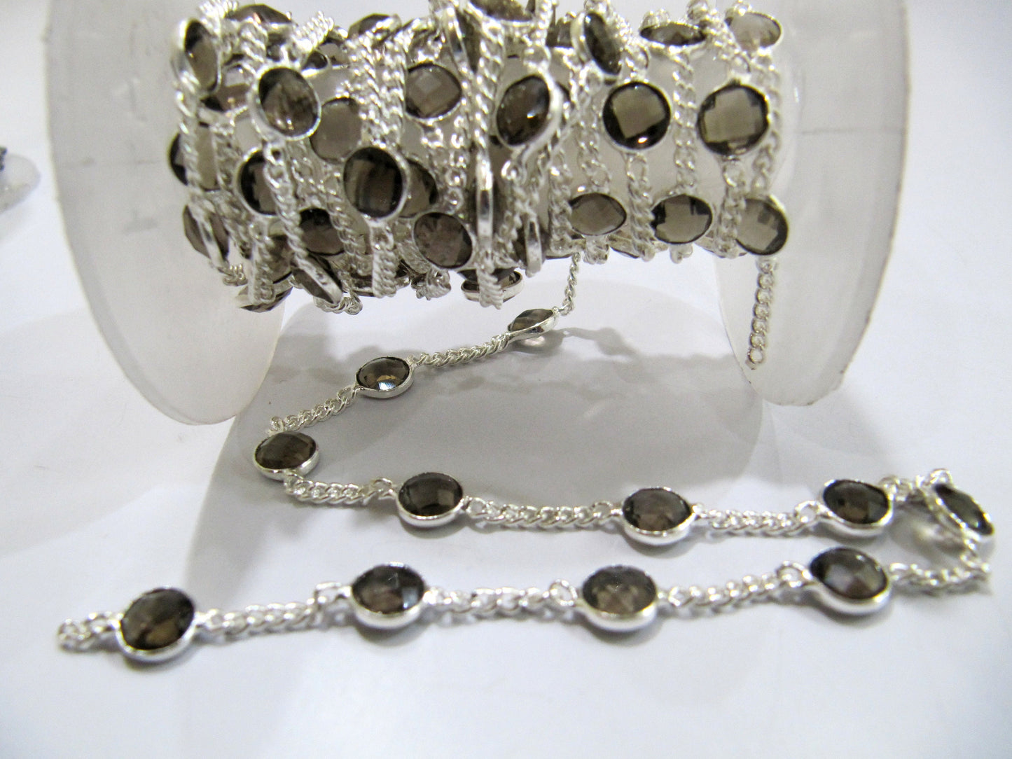 Natural Smoky Quartz Connector Chain, Genuine Smoky Quartz Briolette Coin Shape 7mm,Connectors linked with Curb chain Sold Per Foot