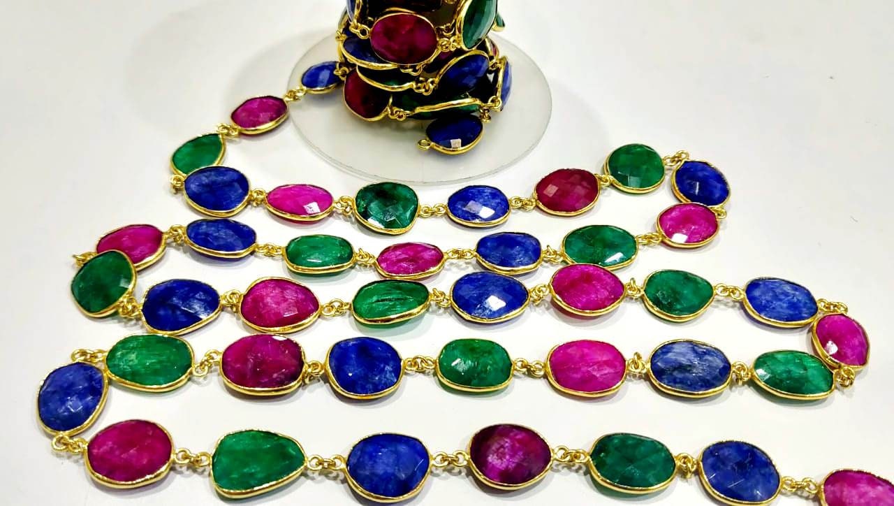 Ruby Emerald Sapphire 12 to 15mm Briolette Connector Bezel Chain Gold Plated Free shape handmade Multi color Bezel chain sold per foot