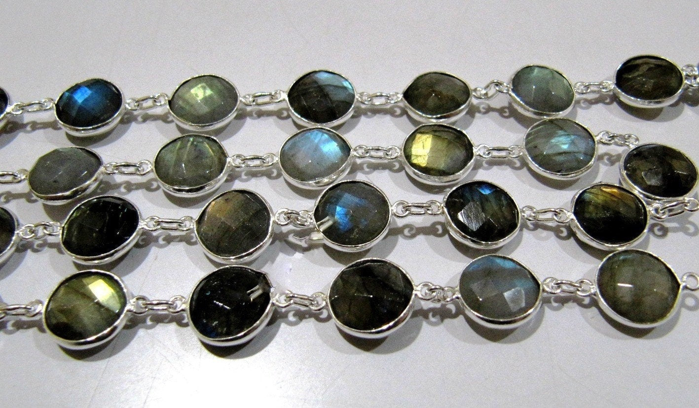 Natural Labradorite Coin Round Shape Briolette faceted Bezel Connector Chain 11mm Gold/Silver/ Black Rose Gold Plated Sold Per Foot
