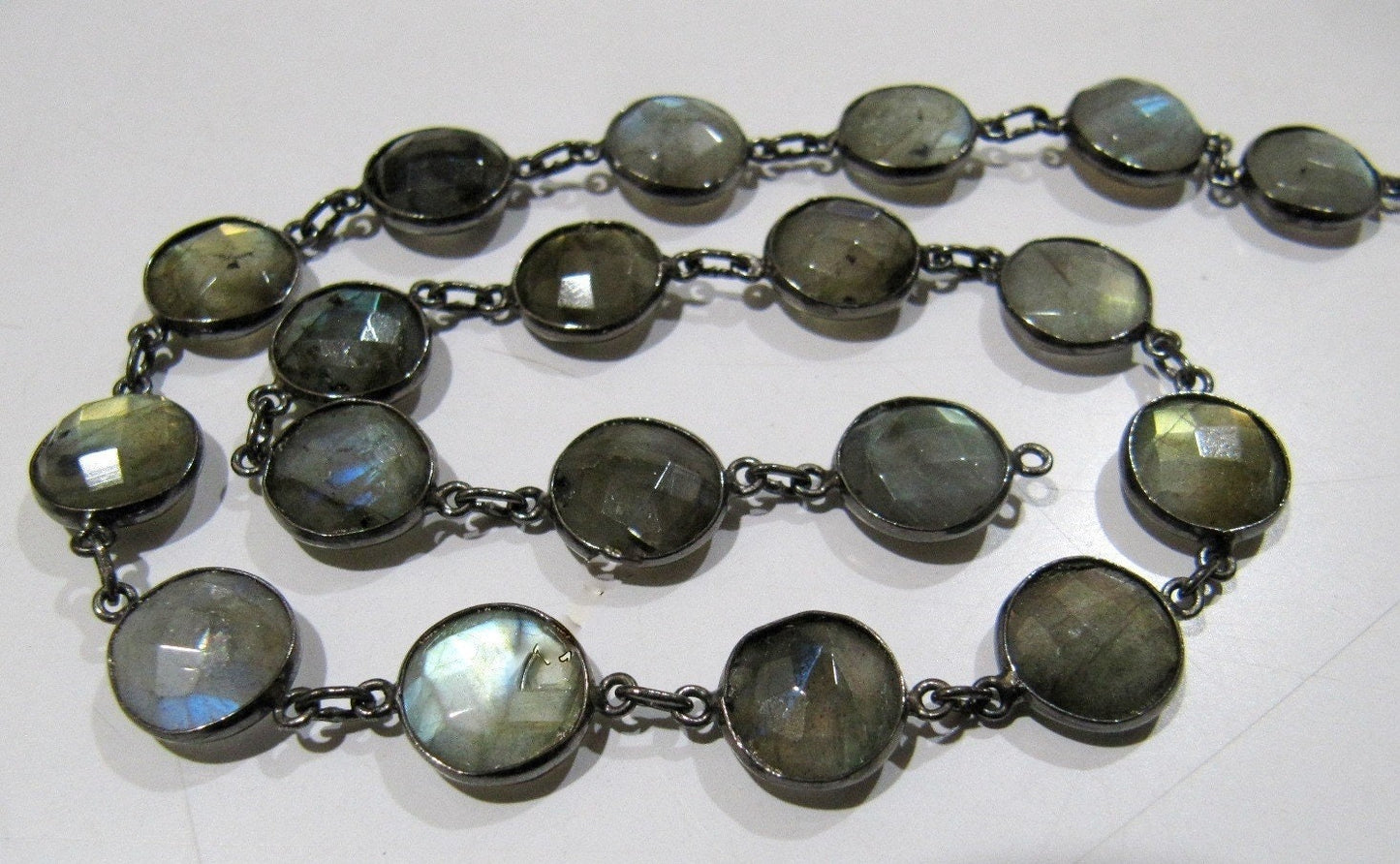 Natural Labradorite Coin Round Shape Briolette faceted Bezel Connector Chain 11mm Gold/Silver/ Black Rose Gold Plated Sold Per Foot