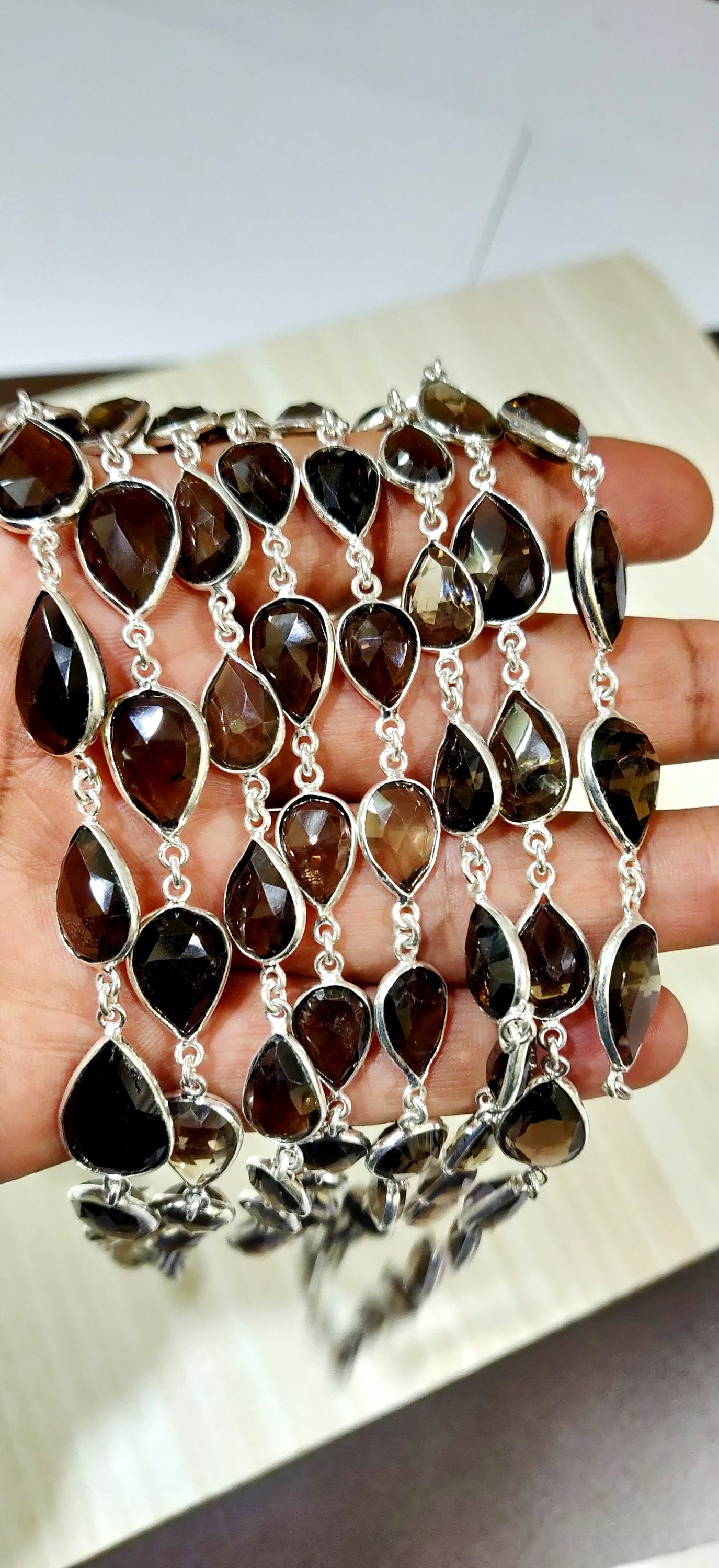 Natural Smoky Quartz Pear Shape Briolette Faceted Bezal Connector Chain 10x14mm to 12x16mm Sold Per Foot Silver Plated jewelry making Chain
