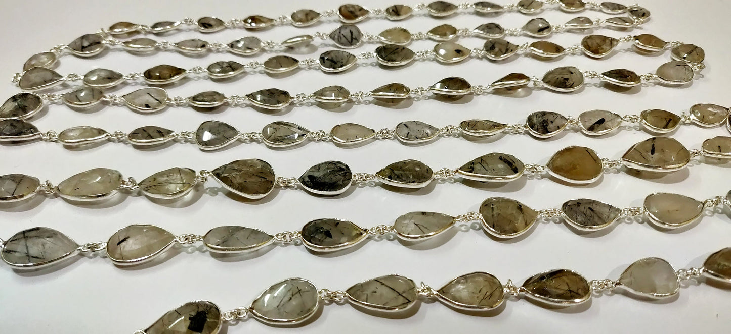 Top quality Natural Black Rutilated Quartz Pear shape 10x14mm to 15x20mm briolette bezel connector silver plated Gemstone chain