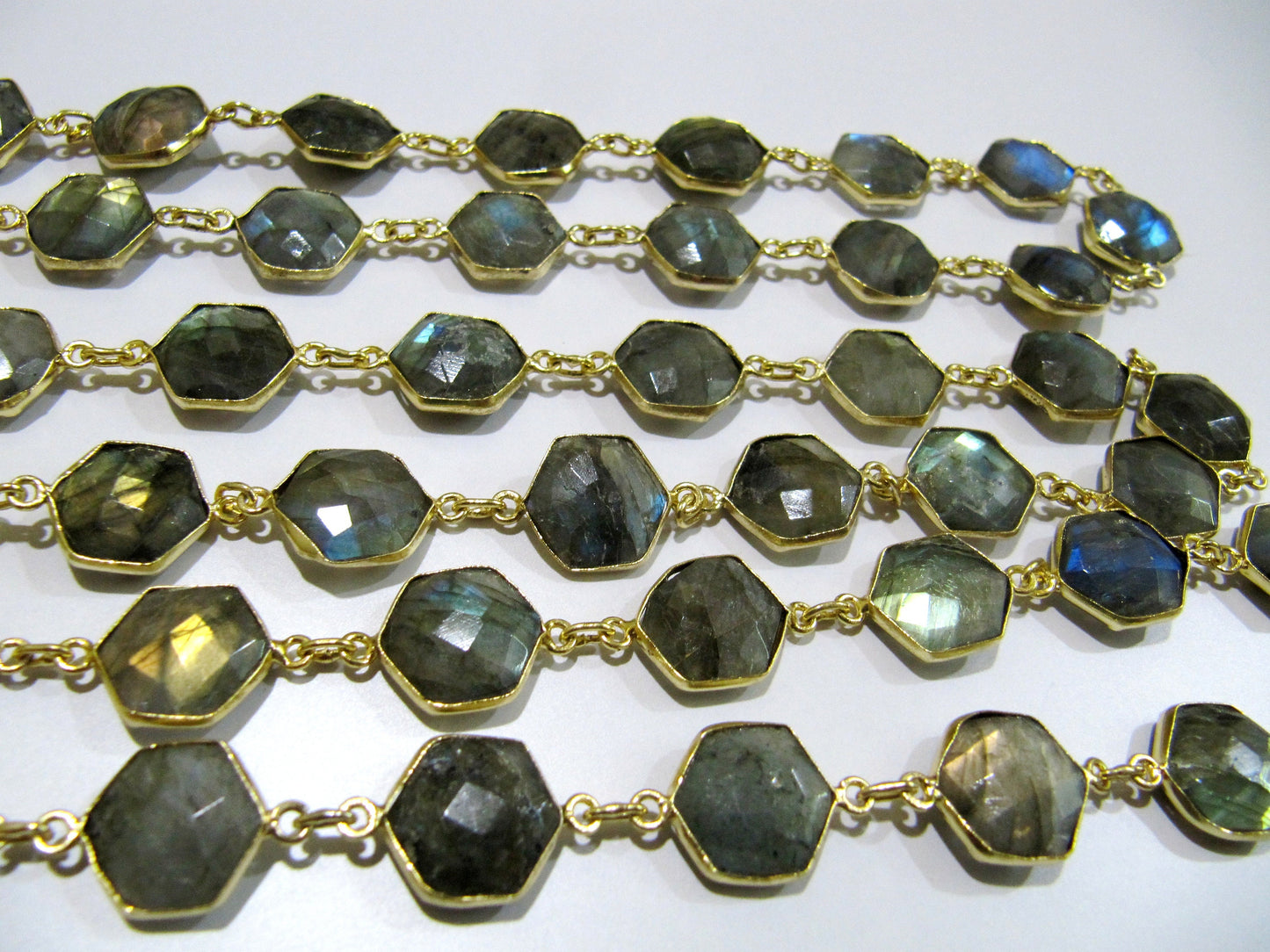 Natural Labradorite hexagon Shape Briolette faceted Bezel Connector Chain 13 to 14mm Gold/Silver/Black/Rose Gold Plated Sold Per Foot