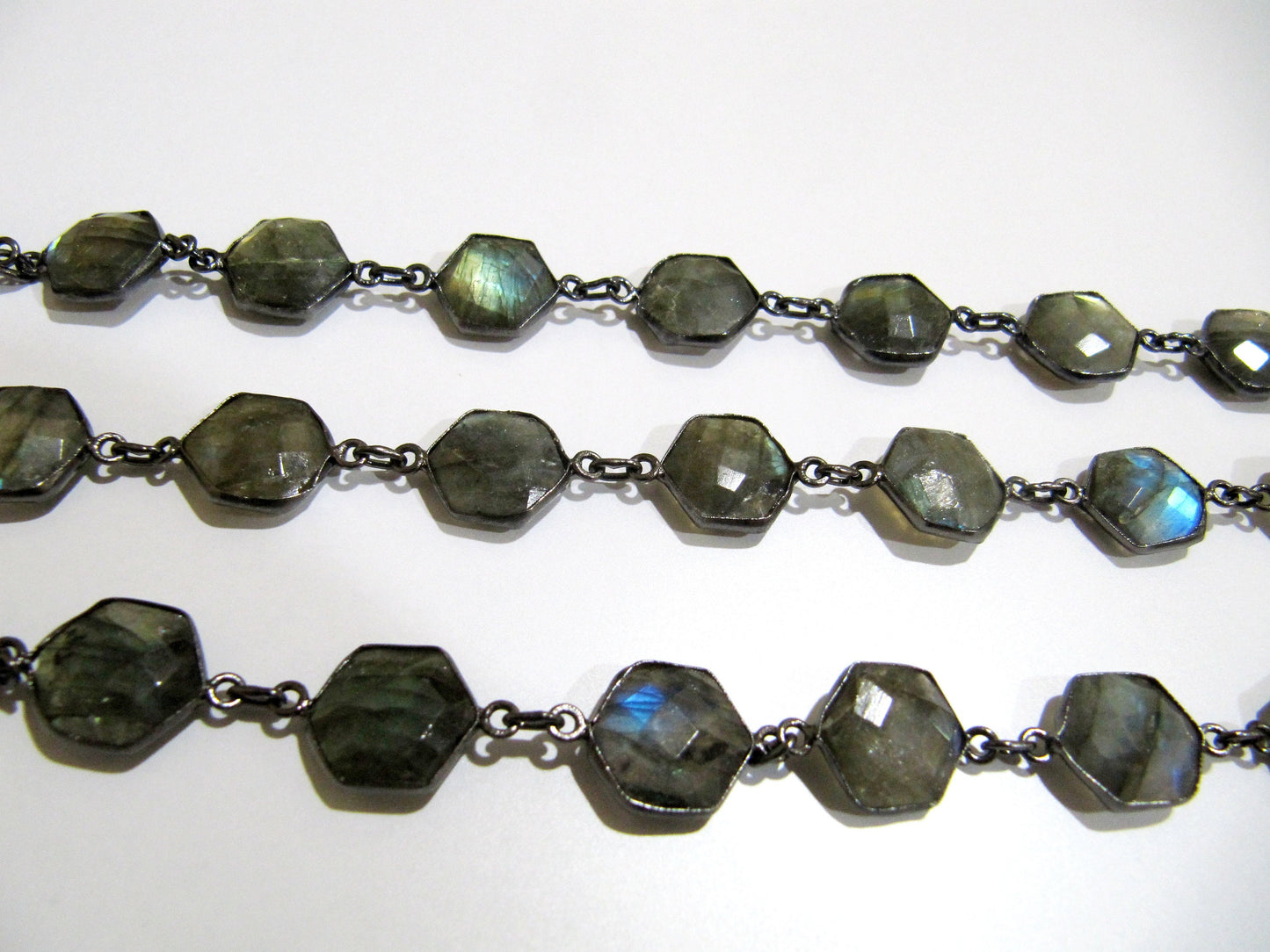 Natural Labradorite hexagon Shape Briolette faceted Bezel Connector Chain 13 to 14mm Gold/Silver/Black/Rose Gold Plated Sold Per Foot