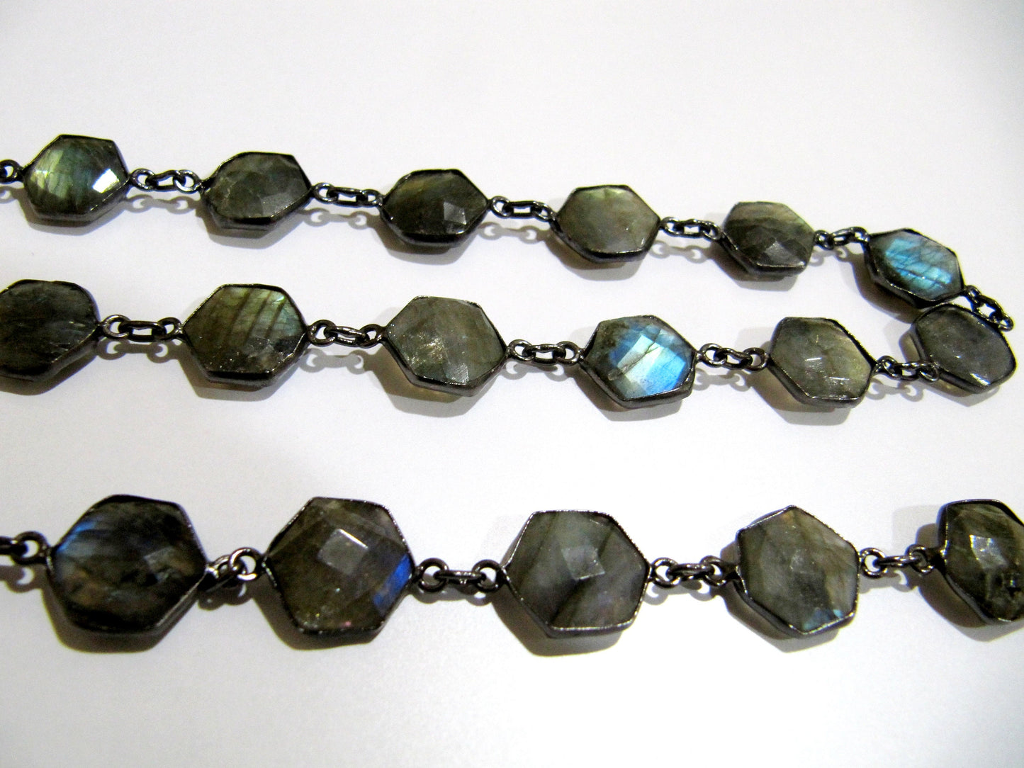 Natural Labradorite hexagon Shape Briolette faceted Bezel Connector Chain 13 to 14mm Gold/Silver/Black/Rose Gold Plated Sold Per Foot