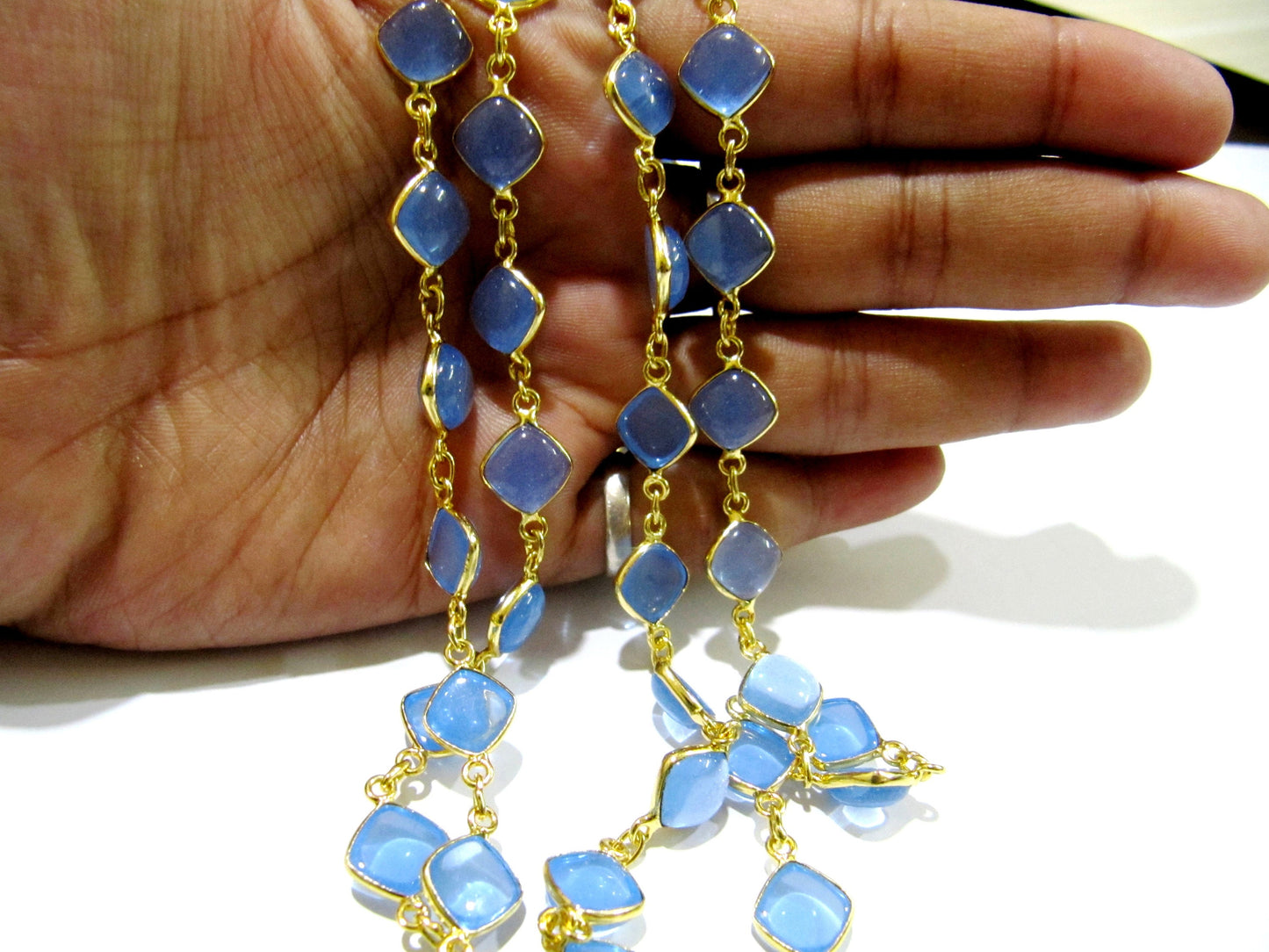 Natural Blue Chalcedony Square Shape Plain Smooth Bezel Connector Chain 11mm Gold Plated Sold Per Foot High Quality Wholesale prices