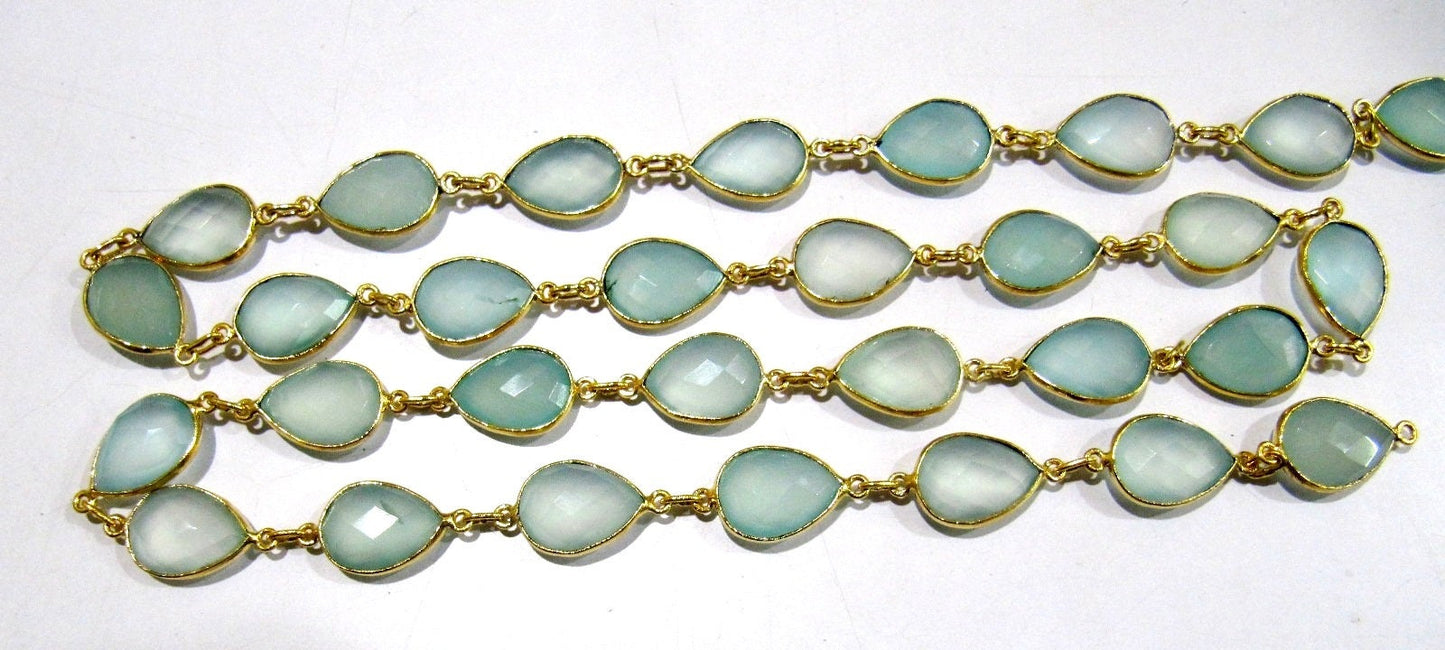 Natural Aqua Chalcedony Pear Shape Briolette Faceted Bezel Connector Chain 10x15mm High Quality Wholesale Sold per foot