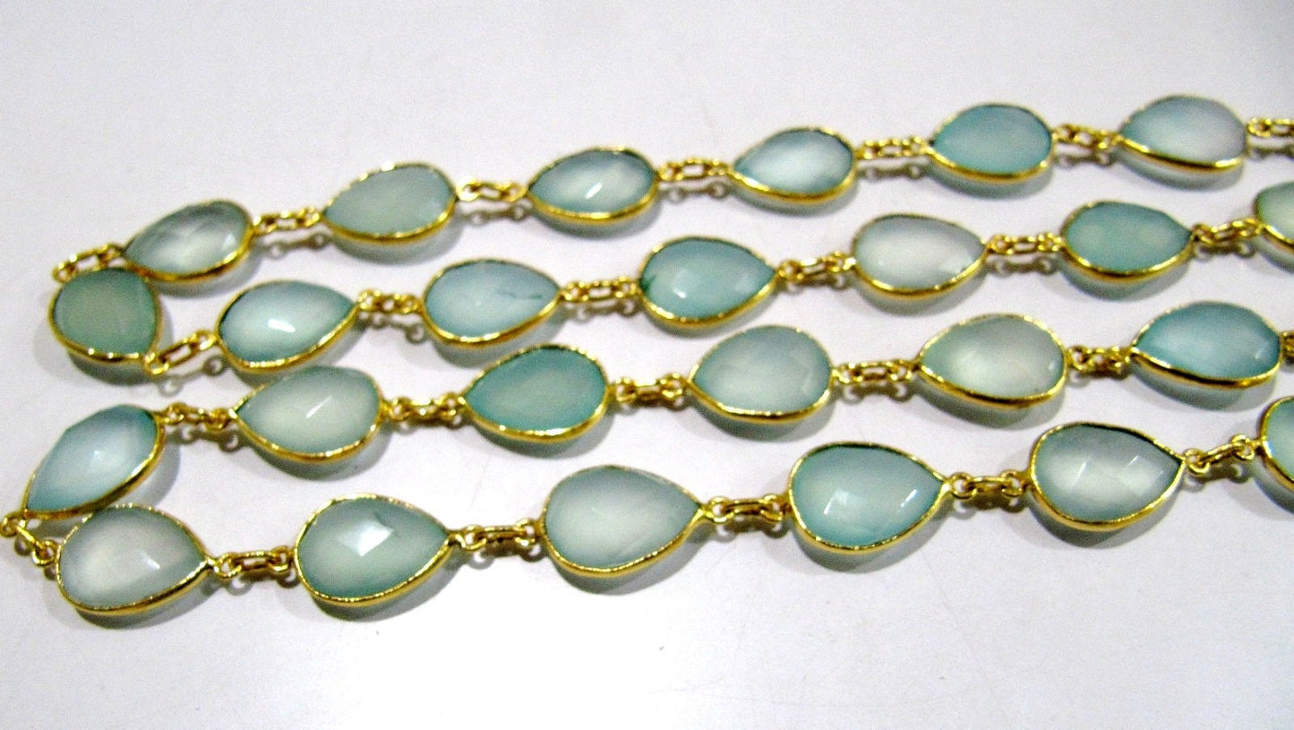 Natural Aqua Chalcedony Pear Shape Briolette Faceted Bezel Connector Chain 10x15mm High Quality Wholesale Sold per foot