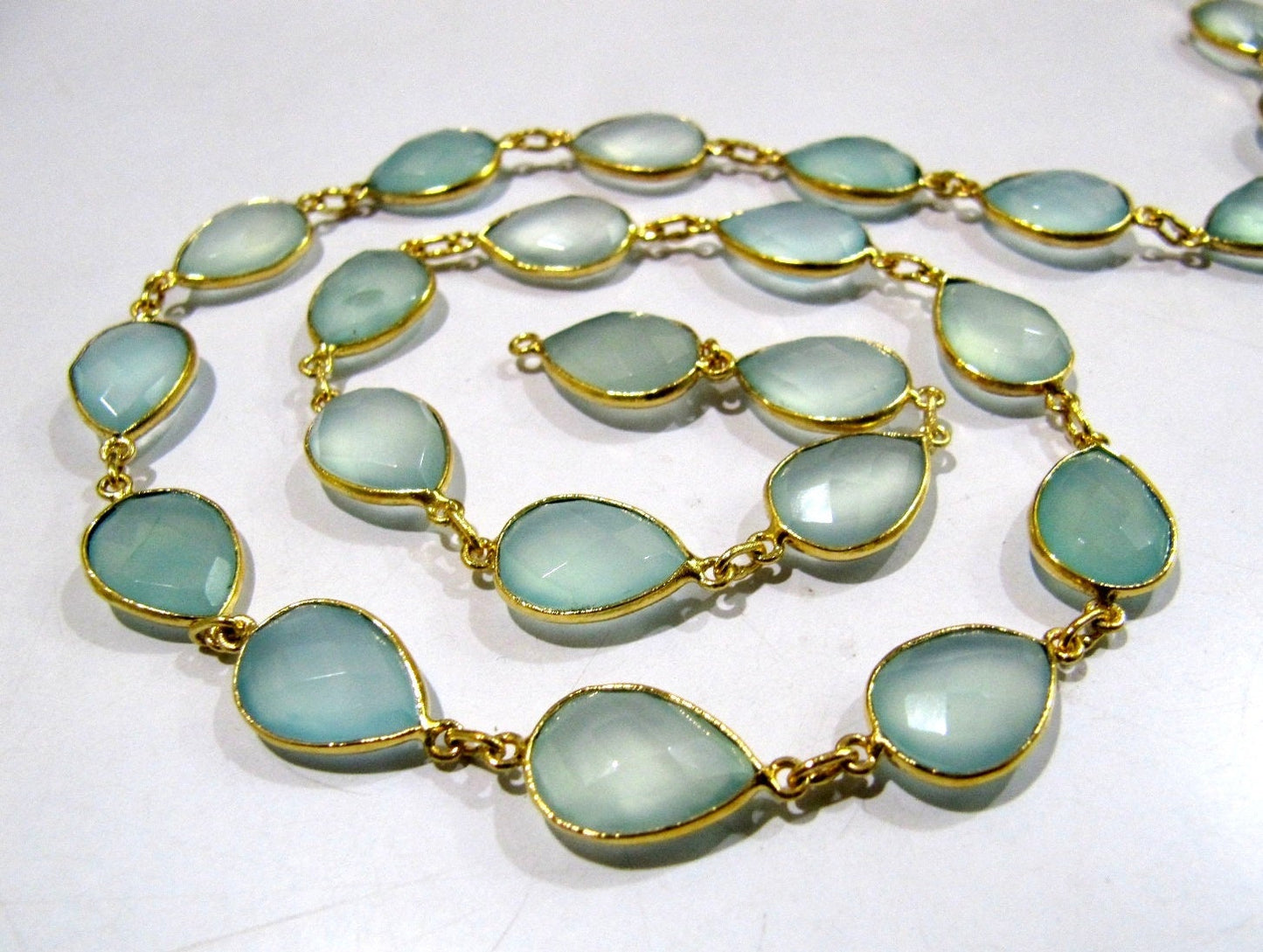 Natural Aqua Chalcedony Pear Shape Briolette Faceted Bezel Connector Chain 10x15mm High Quality Wholesale Sold per foot
