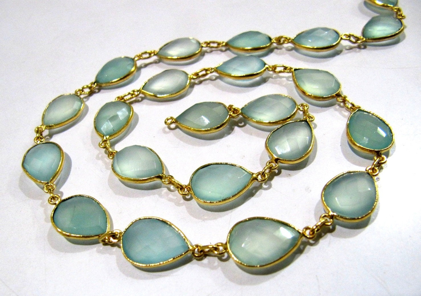 Natural Aqua Chalcedony Pear Shape Briolette Faceted Bezel Connector Chain 10x15mm High Quality Wholesale Sold per foot
