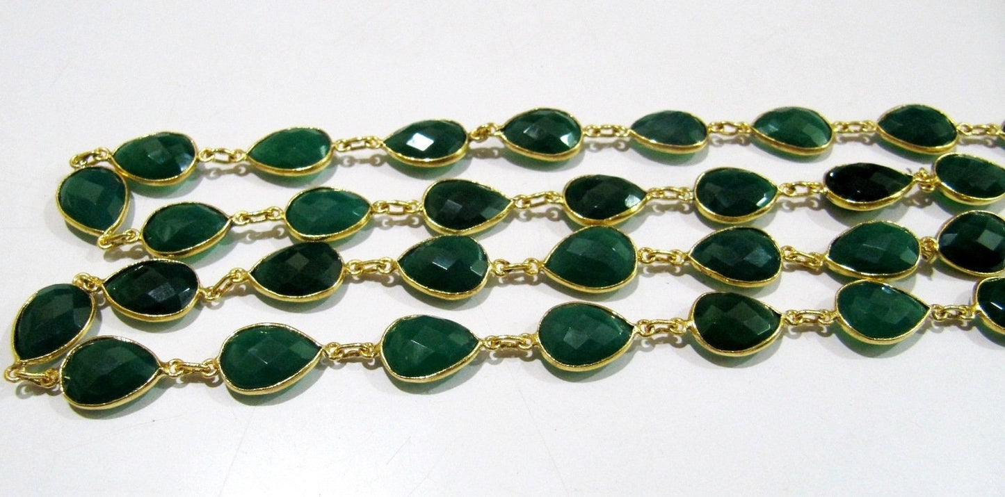 3 Feet-Natural Green Onyx Pear Shape Briolette Faceted Bezel Connector Chain 10x15mm Gold/Silver/Rose Gold/Black Plated Wholesale price