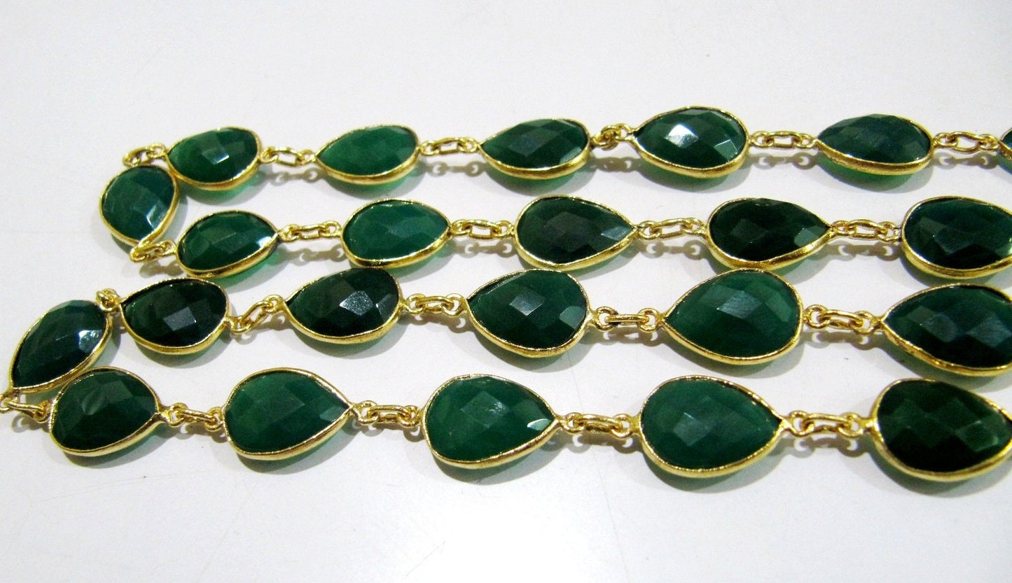 3 Feet-Natural Green Onyx Pear Shape Briolette Faceted Bezel Connector Chain 10x15mm Gold/Silver/Rose Gold/Black Plated Wholesale price