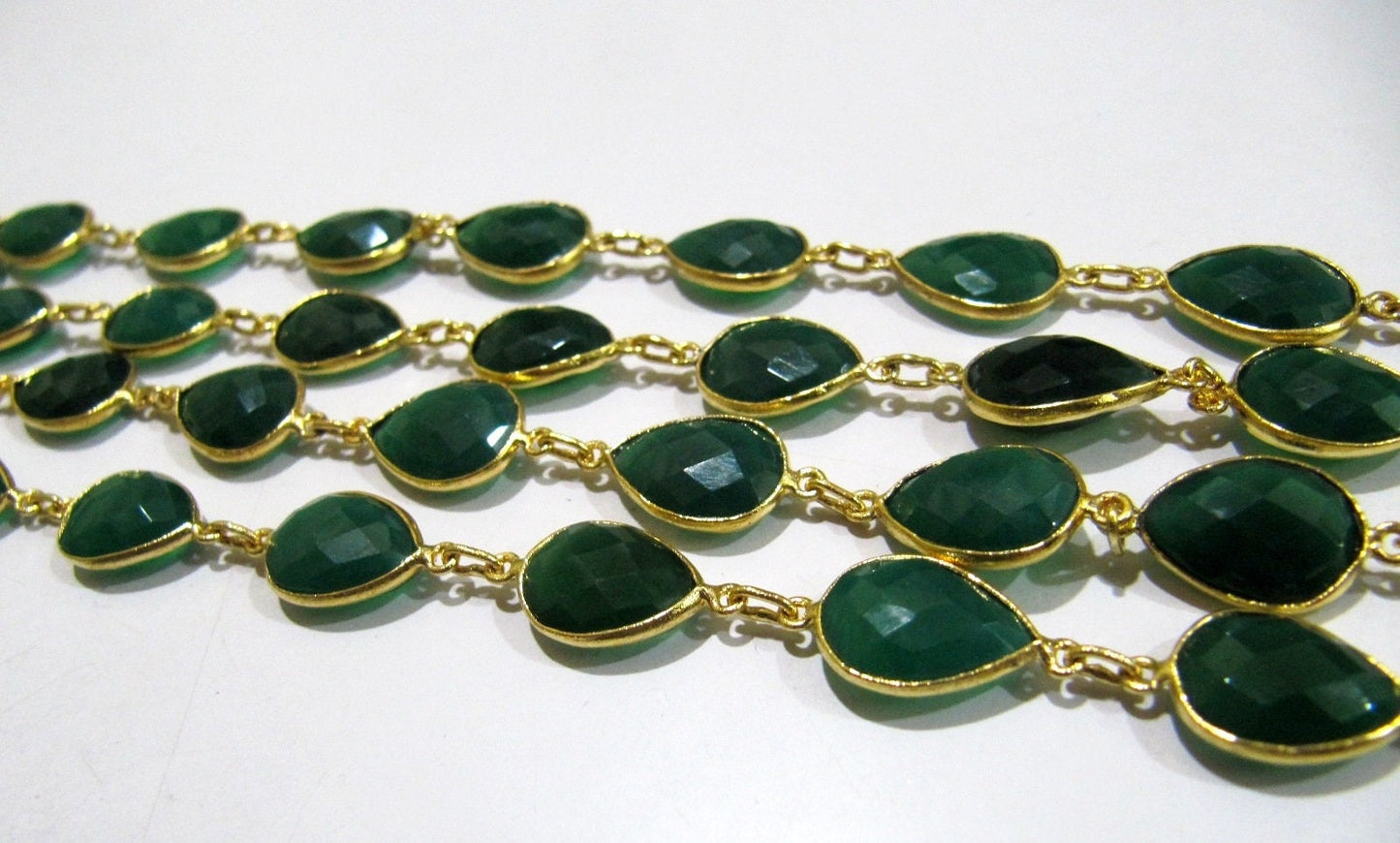 3 Feet-Natural Green Onyx Pear Shape Briolette Faceted Bezel Connector Chain 10x15mm Gold/Silver/Rose Gold/Black Plated Wholesale price