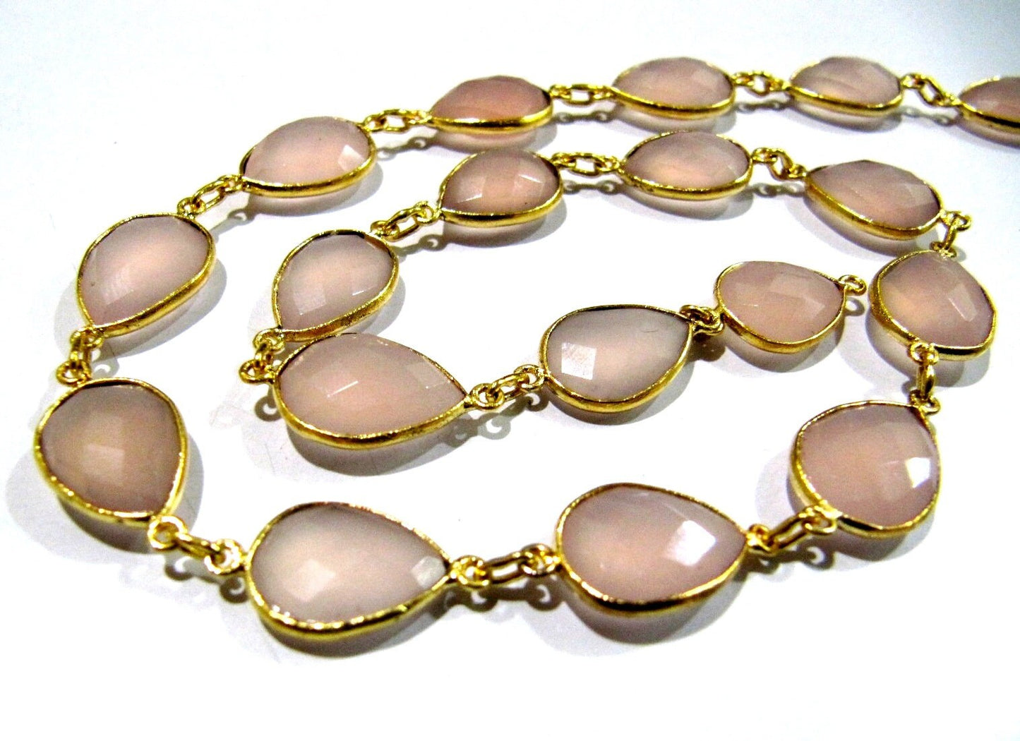 Natural Pink Chalcedony Pear Shape Briolette Faceted Bezel Connector Chain 10x15mm Gold/Silver/Rosegold/Black Plated sold per foot