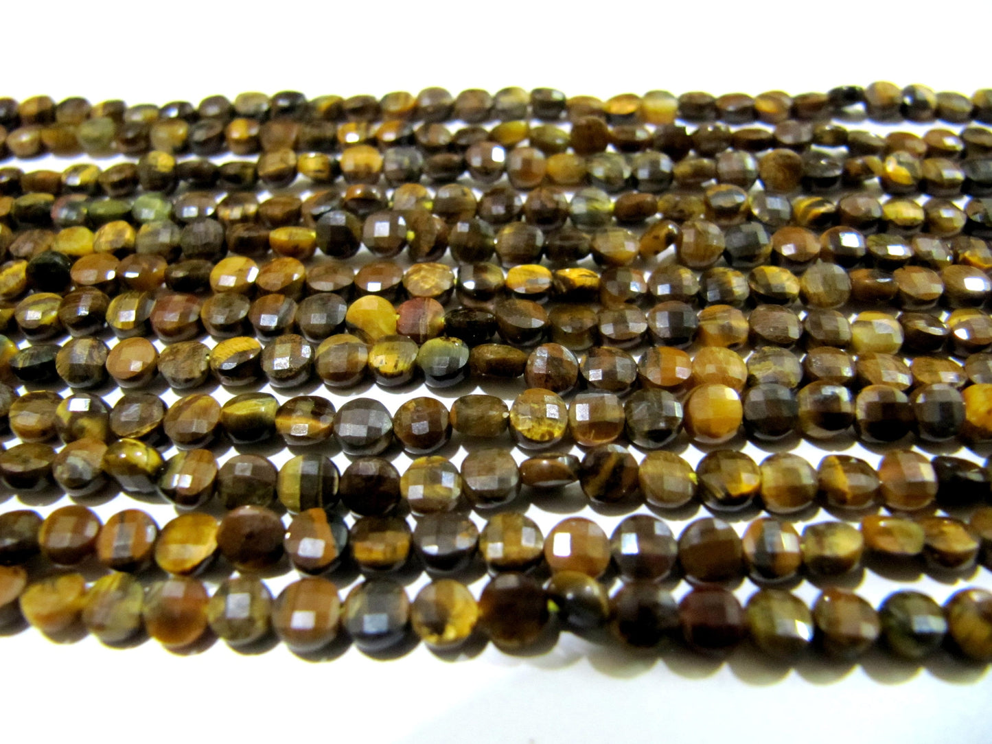 Natural Tiger Eye Faceted Coin Beads Size Exact 4mm, Micro Size Strand 13 Inches Long, Jewelry Making Wholesale Rate Gemstones