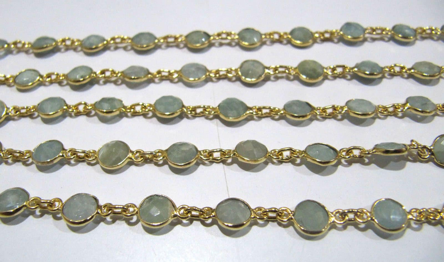 1 Foot- Natural Aquamarine Round Coin Shape Briolette Bezel Connector Chain 5-6mm Size Blue Gemstone bezel Chain Wholesale Prices