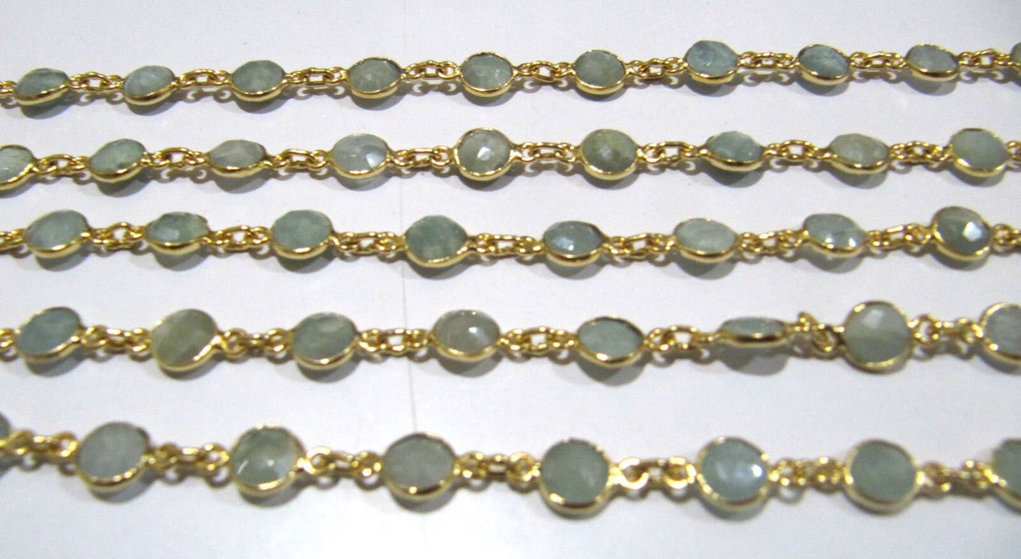 1 Foot- Natural Aquamarine Round Coin Shape Briolette Bezel Connector Chain 5-6mm Size Blue Gemstone bezel Chain Wholesale Prices