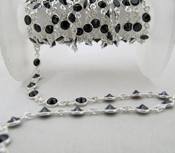 92.5% Sterling Silver Black CZ Round Diamond Cut 4mm bezel Connector Chain Sold Per Foot Wholesale Price Jewelry making chain