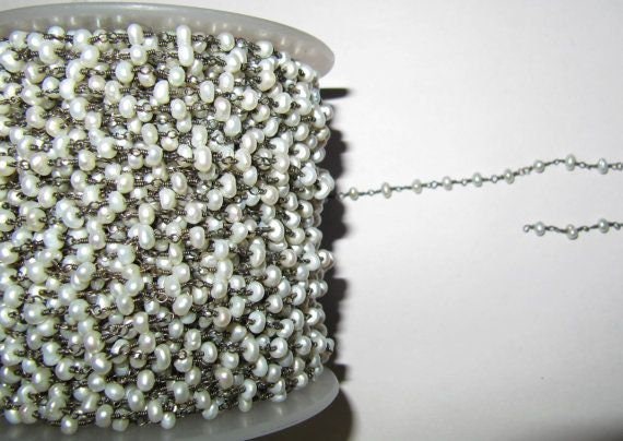 3 Ft- Pearl Beaded Sterling Silver Chain 3-4mm Approx Size Fresh Water Pearl Bead Rosary Chain Wholesale Prices gemstone chain