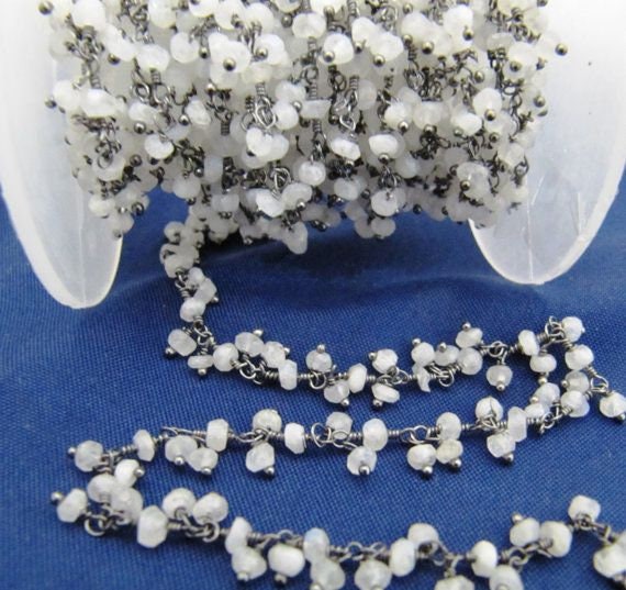 Natural Rainbow moonstone Dangling Chain Rondelle Faceted Beaded Cluster Chain 3-4mm Size Moonstone Bead Chain Wholesale Price Sold Per Foot