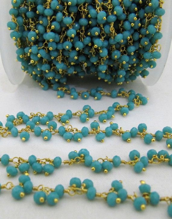 Dark Amazonite Rondelle Faceted Beaded Dangling Thick Chain 3-4mm Size Hydro Quartz Bead Rosary Chain Wholesale Prices per foot