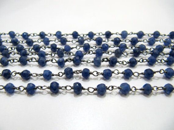 3- Feet Dyed Blue Sapphire Rondelle Faceted Size 3-4mm Dyed Beaded Wire Wrapped Rosary Chain Wholesale Prices Jewelry Making Gemstone chain