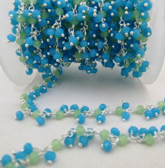 3 Ft- Green And Aqua Chalcedony Rondelle Faceted Beaded Dangling Thick Chain 3mm Size Green Hydro Quartz Bead Rosary Chain Wholesale Prices
