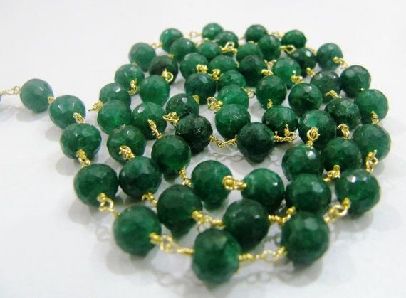 3Ft-Emerald Round faceted 6mm Beaded Chain Dyed Emerald Beads Rosary Chain Corundum Beads Wire Wrapped Chain Wholesale Prices