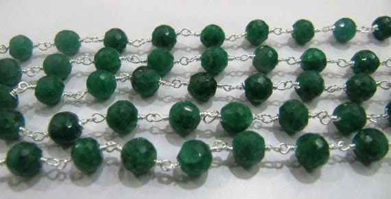 3Ft-Emerald Round faceted 6mm Beaded Chain Dyed Emerald Beads Rosary Chain Corundum Beads Wire Wrapped Chain Wholesale Prices