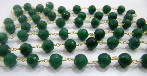 3Ft-Emerald Round faceted 6mm Beaded Chain Dyed Emerald Beads Rosary Chain Corundum Beads Wire Wrapped Chain Wholesale Prices