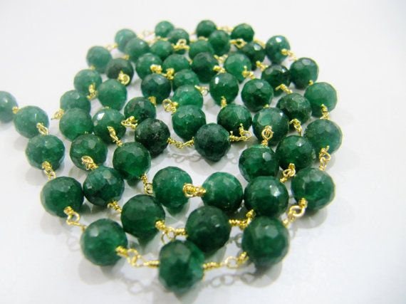 3Ft-Emerald Round faceted 6mm Beaded Chain Dyed Emerald Beads Rosary Chain Corundum Beads Wire Wrapped Chain Wholesale Prices